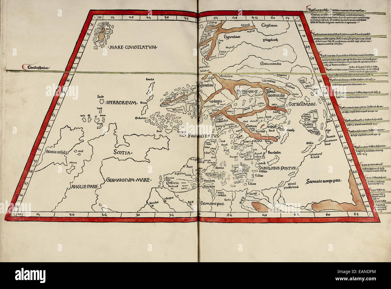 Karte von Nordeuropa aus "Cosmographia" von Claudius Ptolemäus (Ptolemaeus) (90-168AD). Siehe Beschreibung für mehr Informationen. Stockfoto