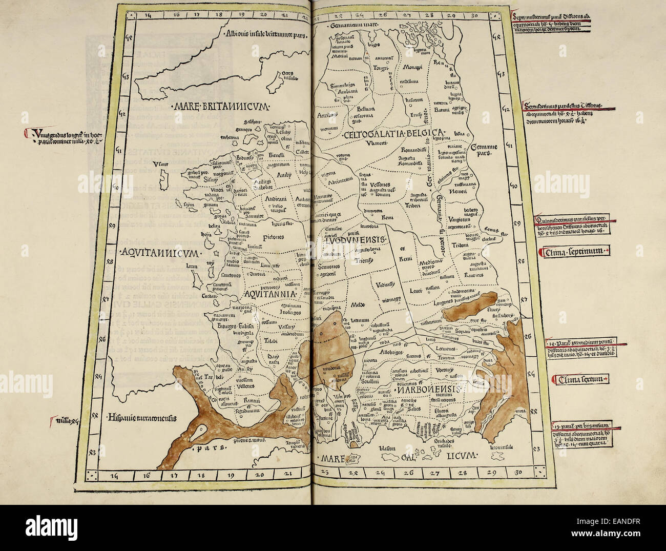 Karte von Belgien & Frankreich von "Cosmographia" von Claudius Ptolemäus (Ptolemaeus) (90-168AD). Siehe Beschreibung für mehr Informationen. Stockfoto