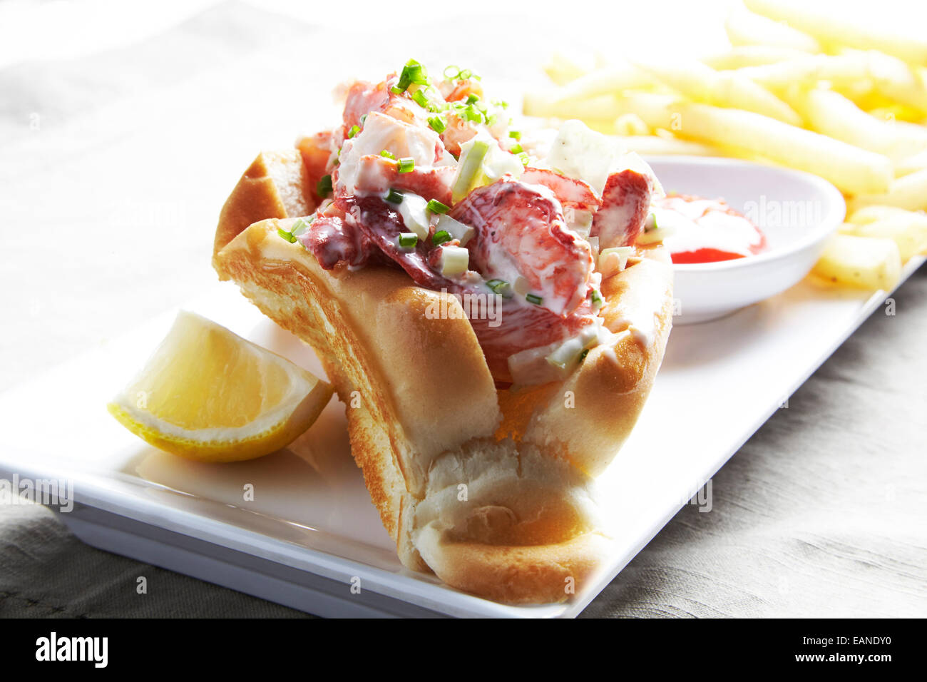Main Lobster roll mit Pommes Ketchup auf einem weißen Teller Stockfoto