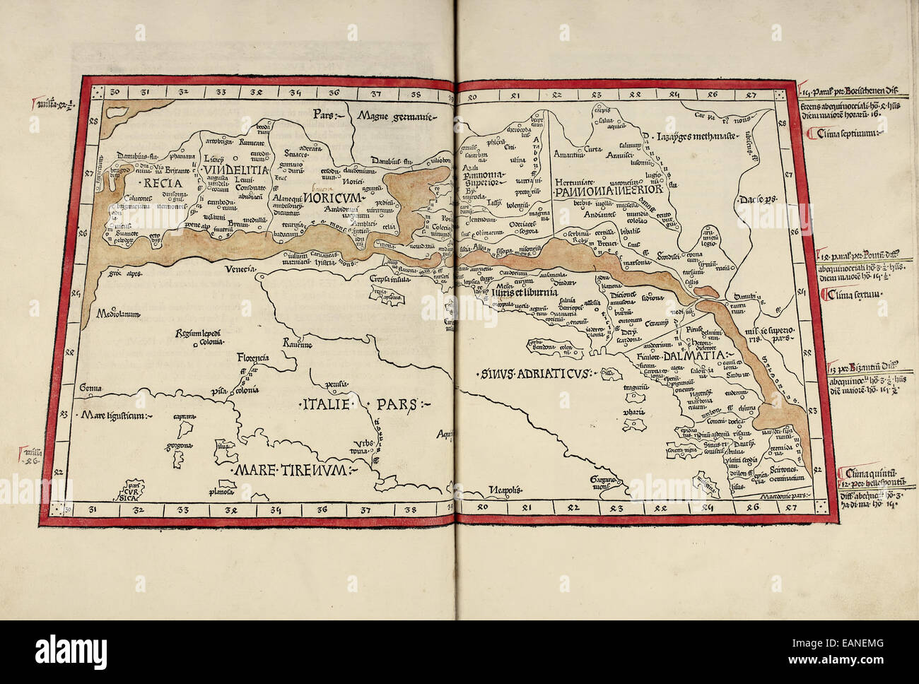 Karte von Kroatien aus "Cosmographia" von Claudius Ptolemäus (Ptolemaeus) (90-168AD). Siehe Beschreibung für mehr Informationen. Stockfoto