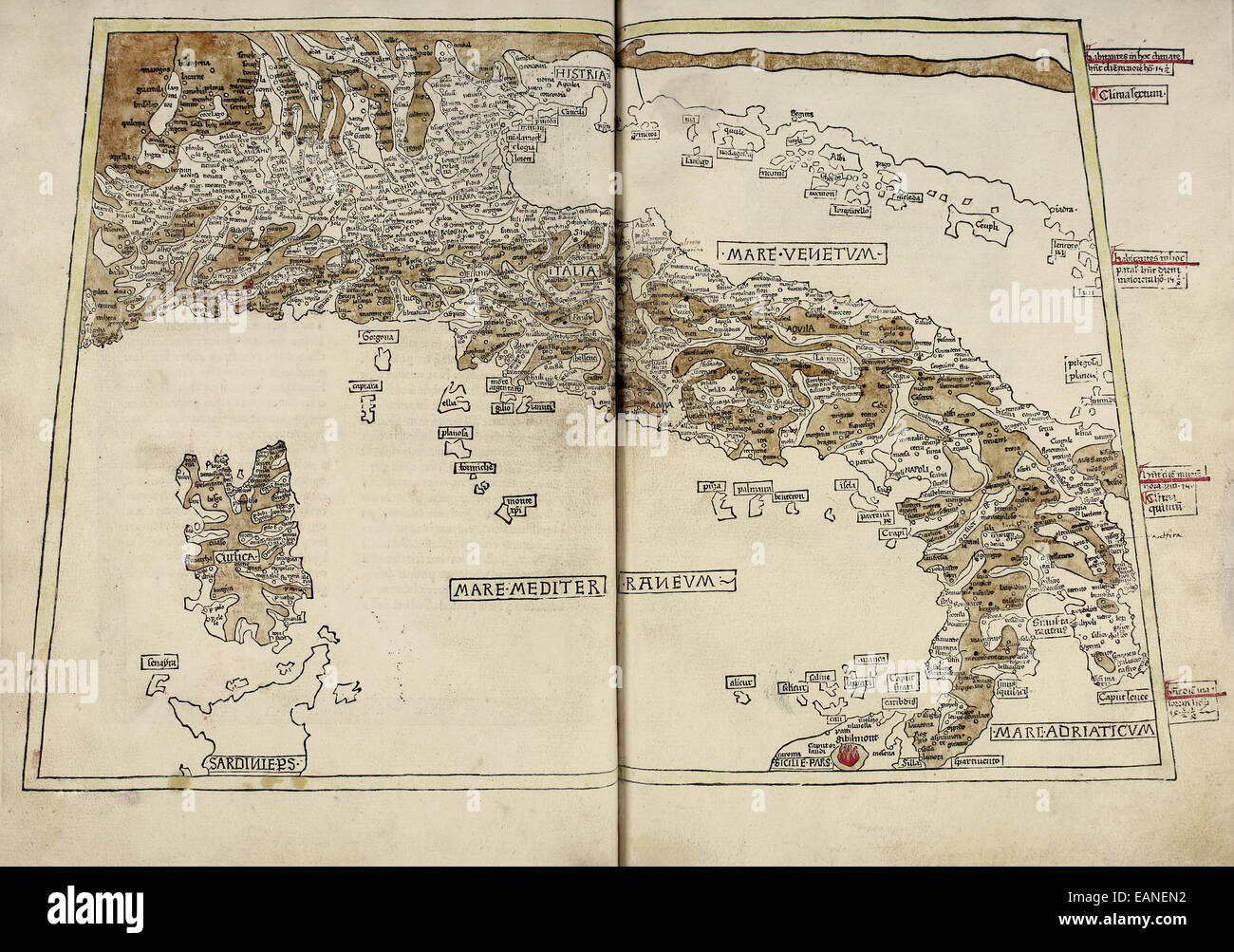 Karte von Italien & Korsika von "Cosmographia" von Claudius Ptolemäus (Ptolemaeus) (90-168AD). Siehe Beschreibung für mehr Informationen. Stockfoto