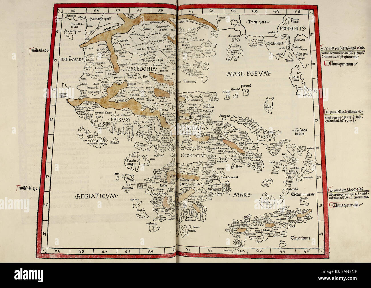 Karte von Mazedonien Region von "Cosmographia" von Claudius Ptolemäus (Ptolemaeus) (90-168AD). Siehe Beschreibung für mehr Informationen. Stockfoto