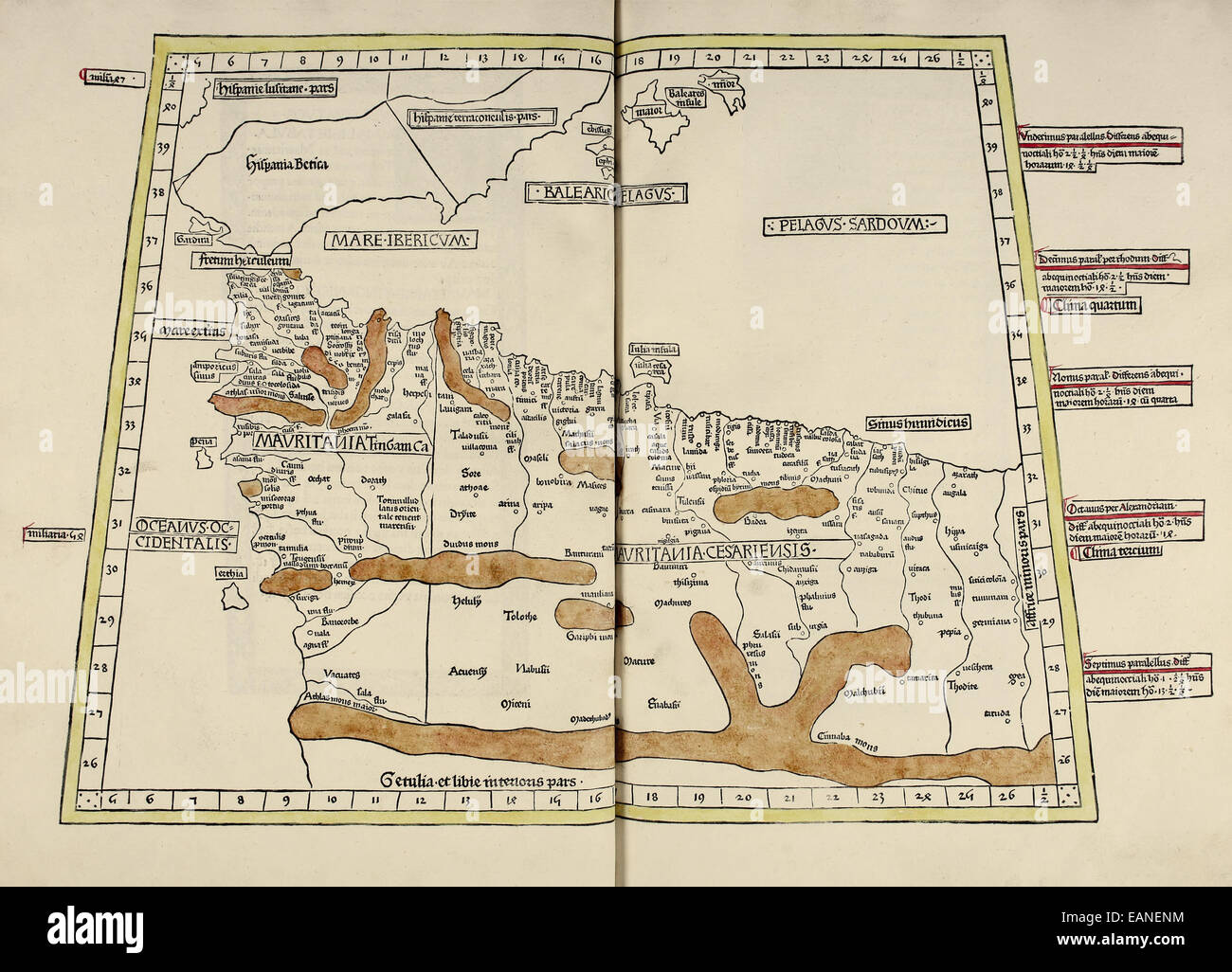 Karte der Maghreb-Region von "Cosmographia" von Claudius Ptolemäus (Ptolemaeus) (90-168AD). Siehe Beschreibung für mehr Informationen. Stockfoto