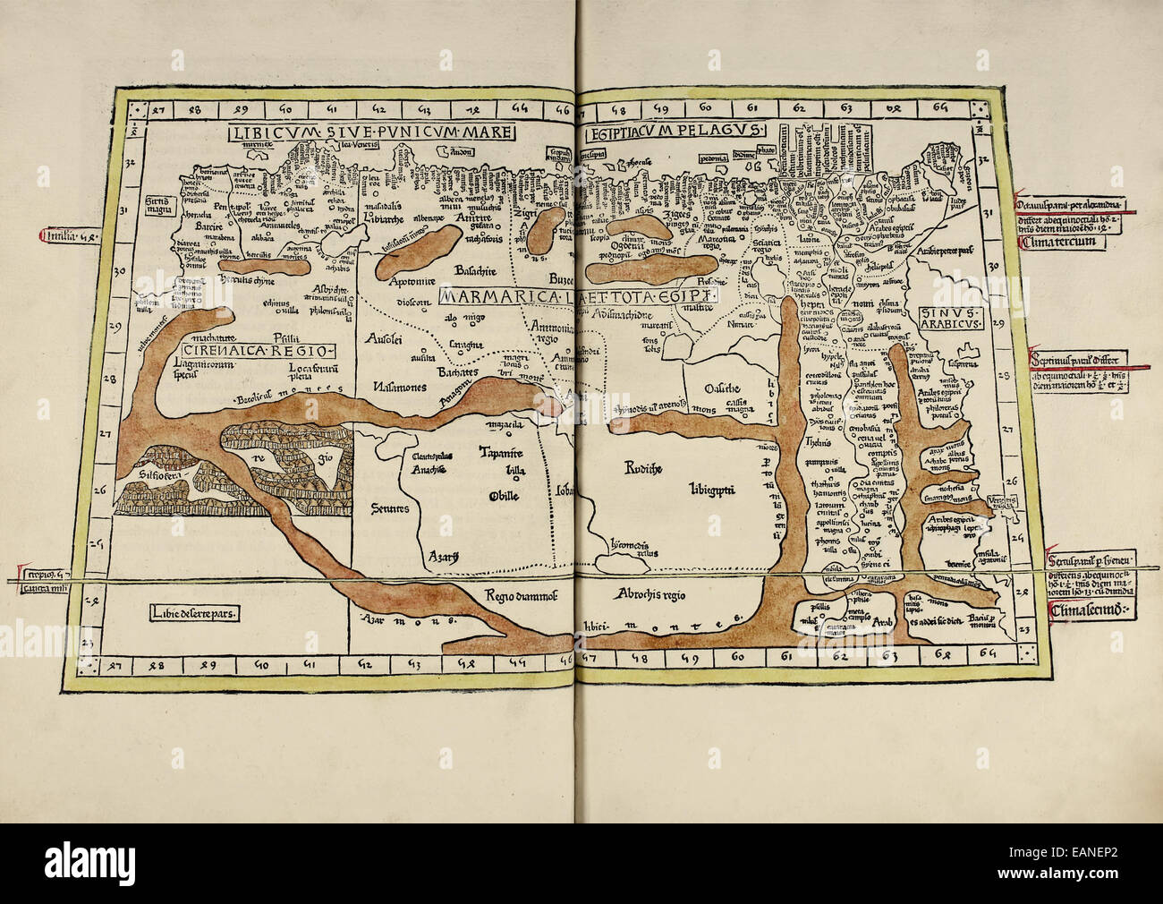 Karte von Sicca aus "Cosmographia" von Claudius Ptolemäus (Ptolemaeus) (90-168AD). Siehe Beschreibung für mehr Informationen. Stockfoto