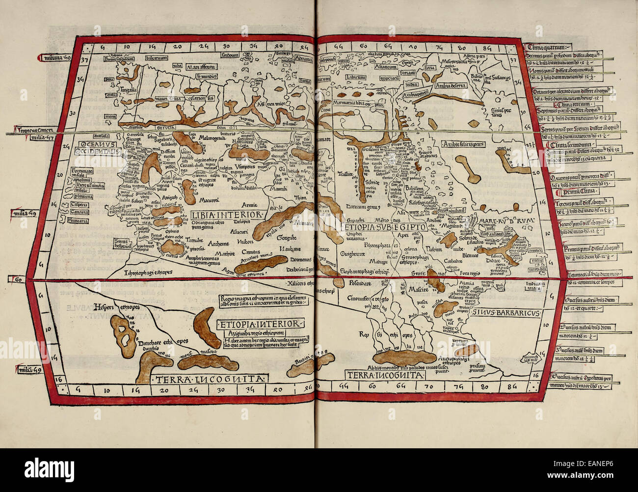 Karte von Libyen und Äthiopien von "Cosmographia" von Claudius Ptolemäus (Ptolemaeus) (90-168AD). Siehe Beschreibung für mehr Informationen. Stockfoto