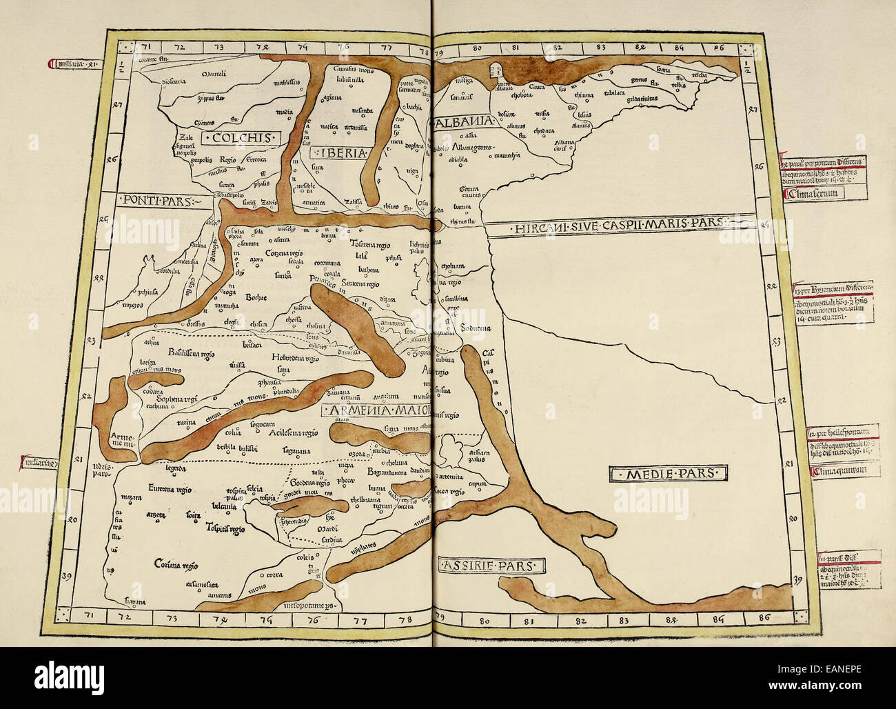 Karte von Armenien "Cosmographia" von Claudius Ptolemäus (Ptolemaeus) (90-168AD). Siehe Beschreibung für mehr Informationen. Stockfoto