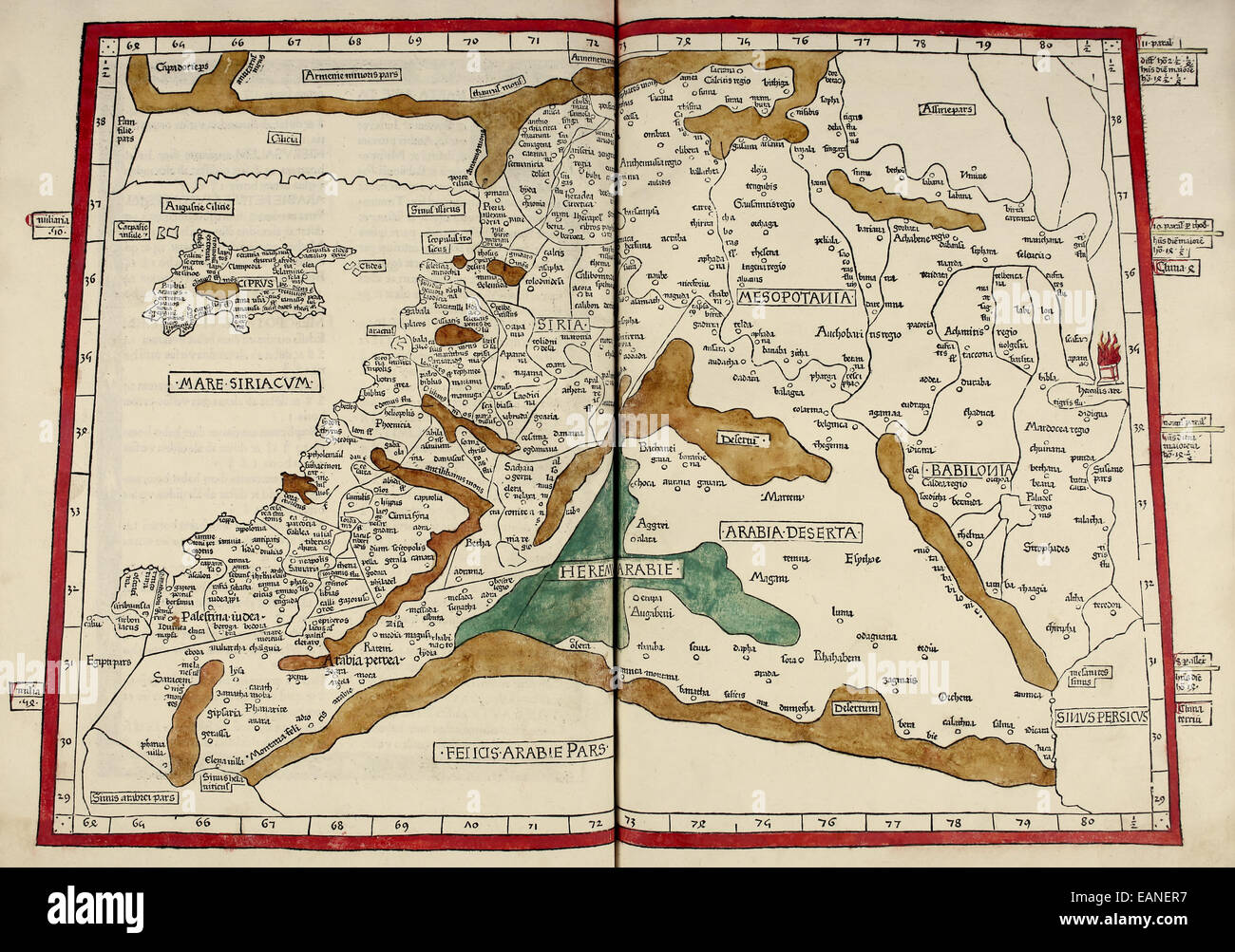 Karte von Mesopotamien aus "Cosmographia" von Claudius Ptolemäus (Ptolemaeus) (90-168AD). Siehe Beschreibung für mehr Informationen. Stockfoto