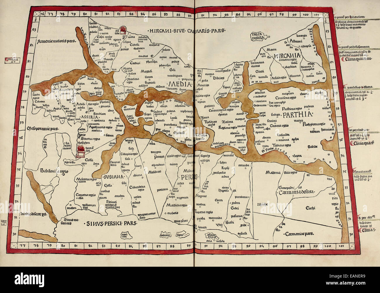 Karte von Assyrien & Parthien aus "Cosmographia" von Claudius Ptolemäus (Ptolemaeus) (90-168AD). Siehe Beschreibung für mehr Informationen. Stockfoto