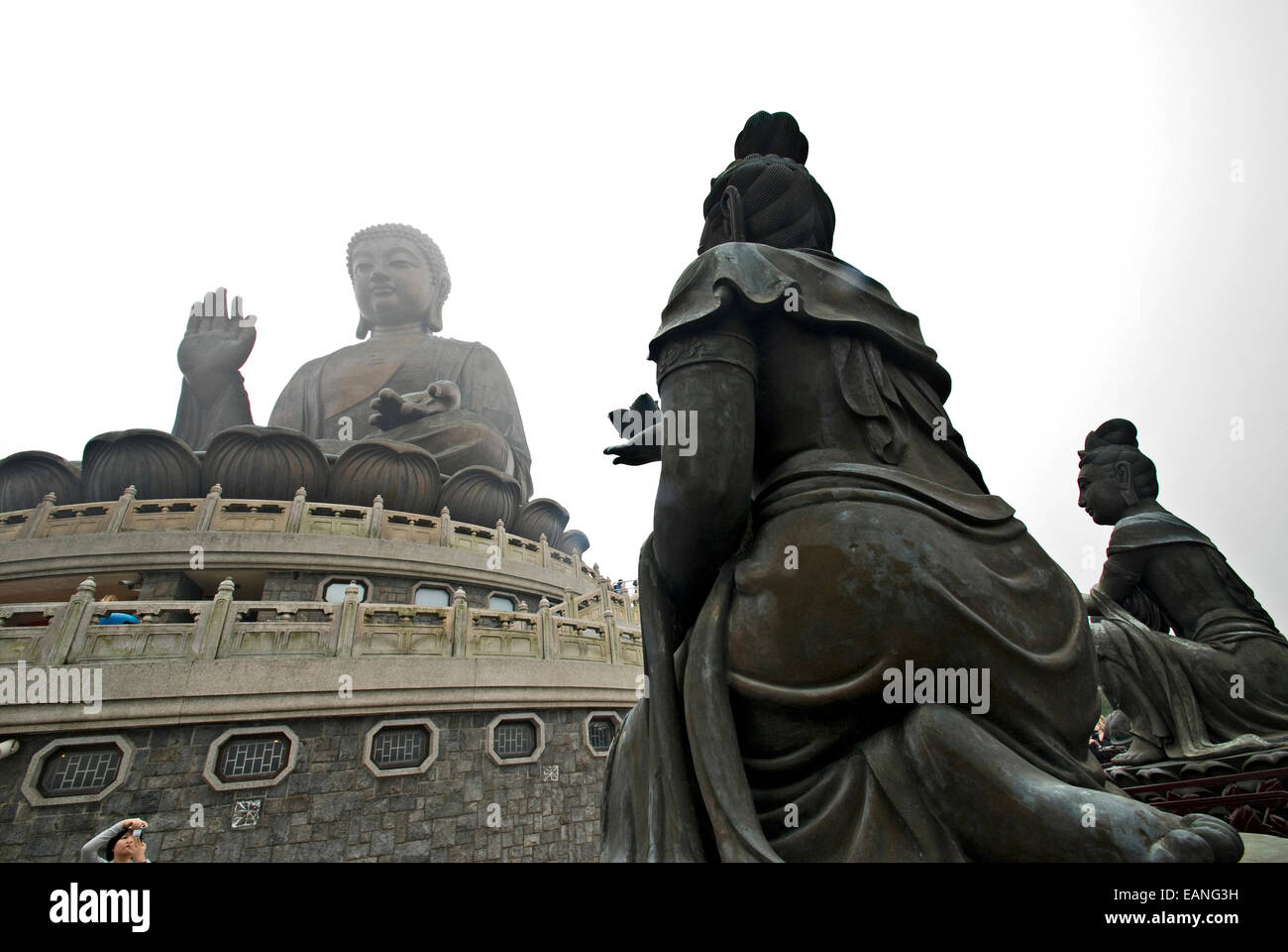 Buddhistische Statuen loben den Big Buddha in Nebel gehüllt. Stockfoto