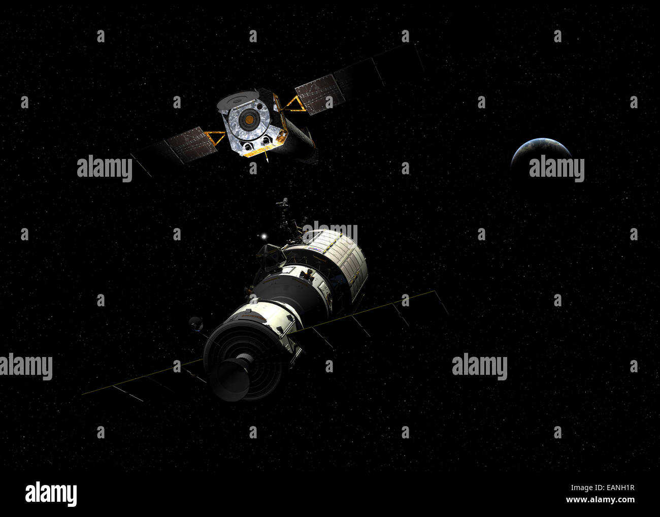 Eine bemannte orbital Wartung Plattform (OMP) Rendezvouses mit der NASA Chandra x-Ray Observatory für Wartung und Upgrades. Floo Stockfoto