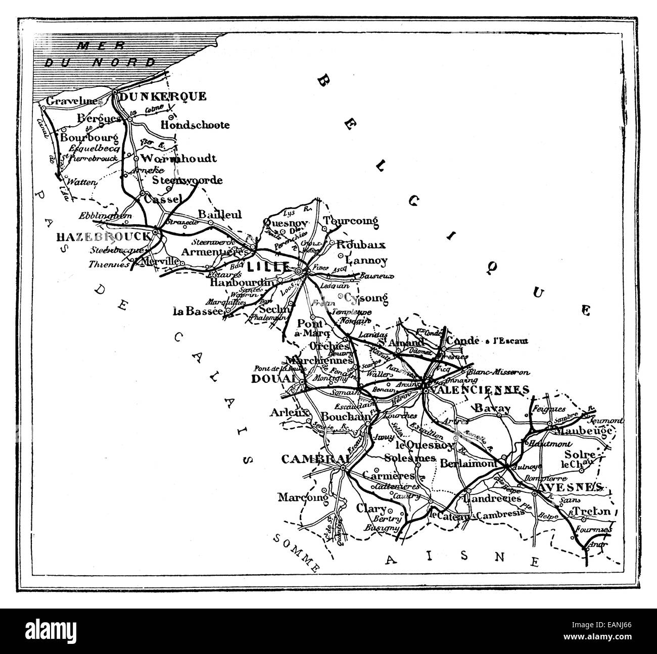 Karte des nördlichen Departement, Vintage gravierten Abbildung. Zeitschrift des Reise, Reise-Journal (1879 / 80). Stockfoto