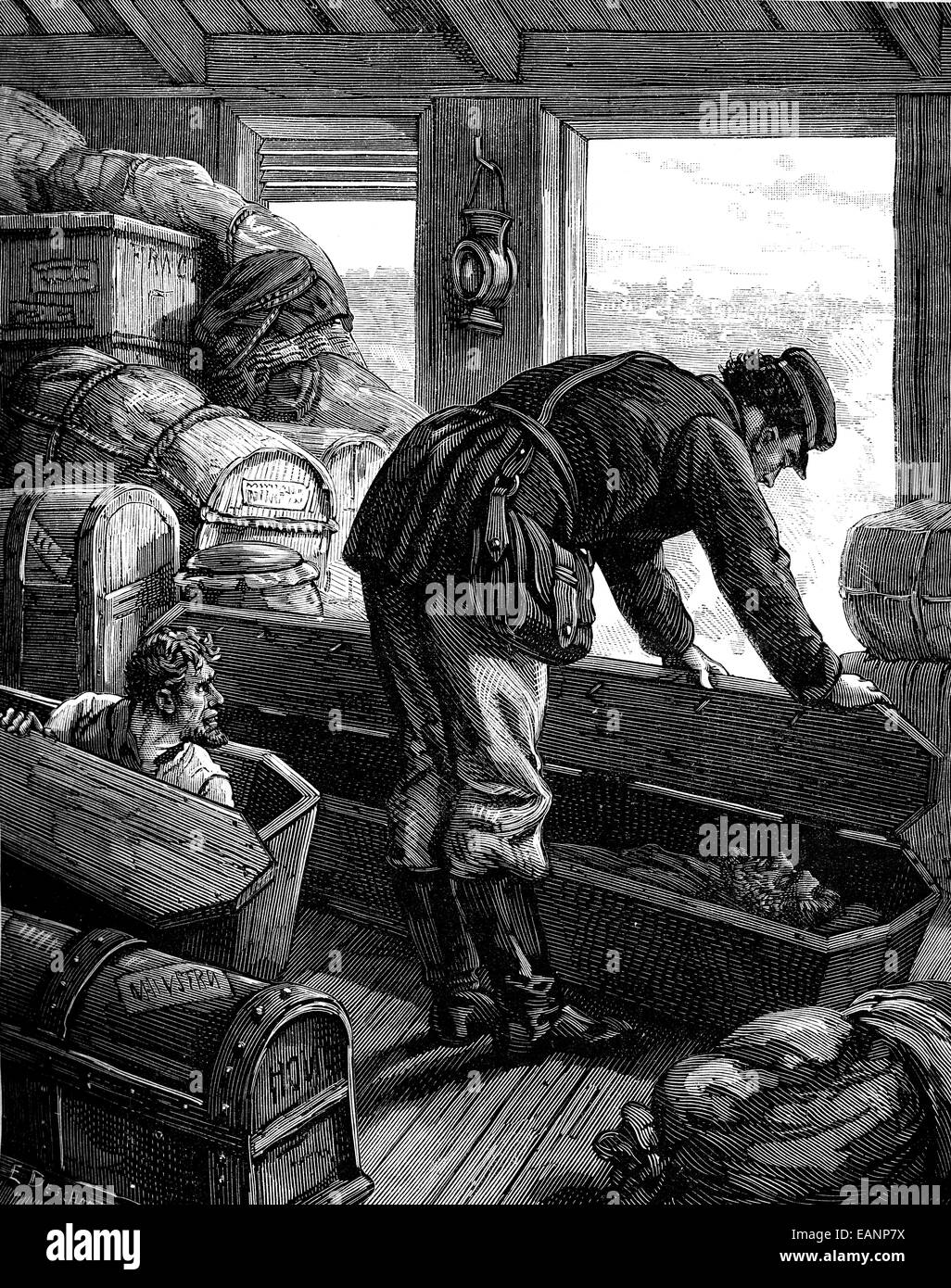 In der amerikanischen Eisenbahn. Ich hob den Sarg, Vintage gravierten Abbildung. Journal des Voyages, Reise-Journal (1879 / 80). Stockfoto