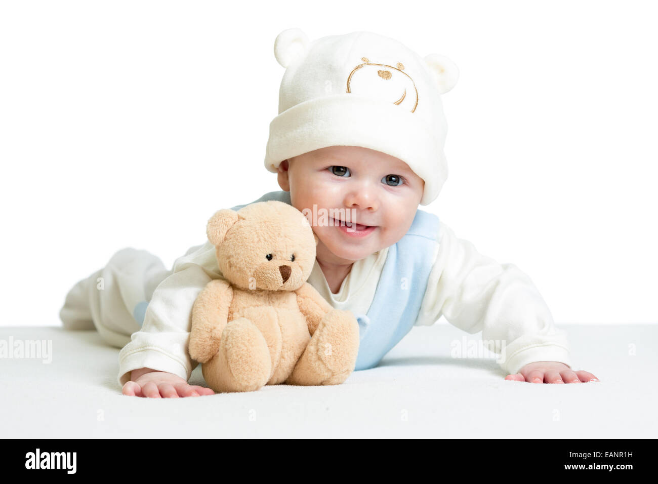 Baby weared lustigen Hut mit Plüsch-Spielzeug Stockfoto