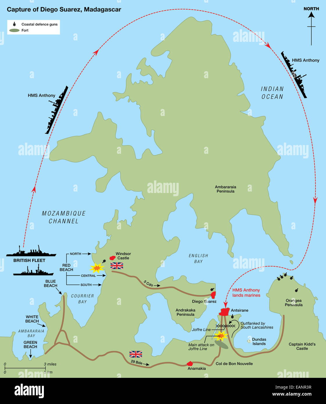 Diese Karte zeigt britische Landung auf Madagaskar - Operation Ironclad 1942 Stockfoto