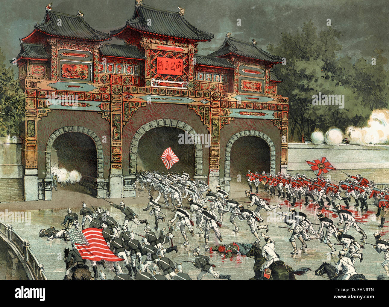 Die alliierten Armeen starten eine allgemeine Offensive auf Peking Schloss - amerikanisch, Britisch, und japanische Truppen während des Boxeraufstands, 14. August 1900 Sturm Peking. Stockfoto