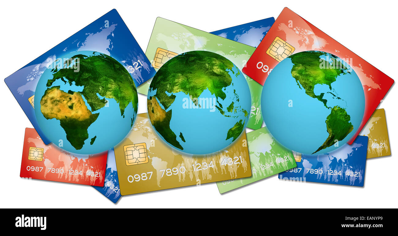 3 Erden vertreten alle Länder der Welt-Karten-Zahlungen durch Bankkredite Stockfoto
