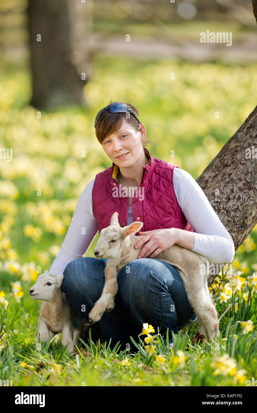 Ein Schafzüchter aus Kempley, Gloucestershire mit einigen ihrer Frühjahr Lämmer UK Stockfoto