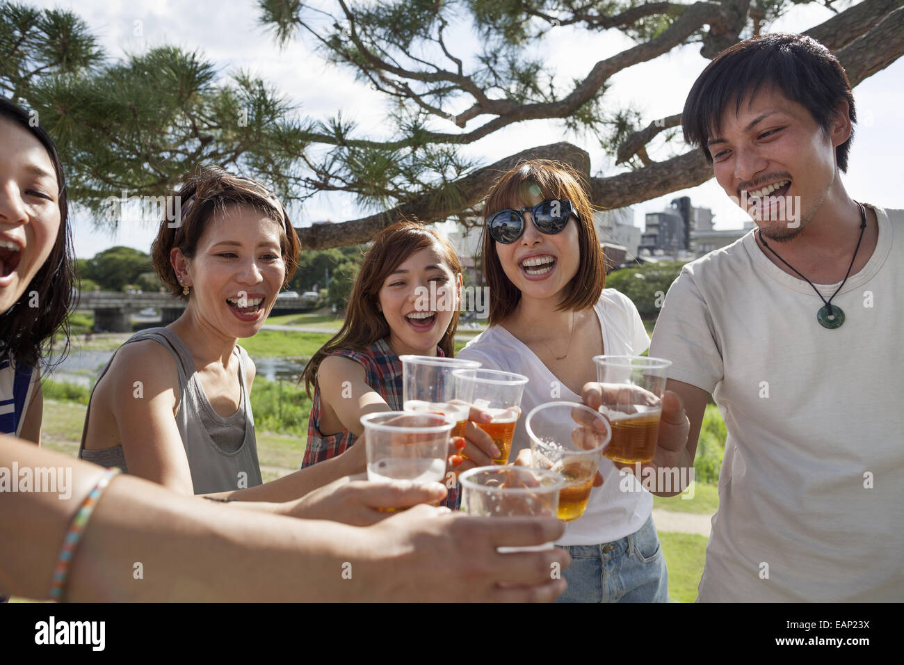 Gruppe von Freunden im Park. Stockfoto