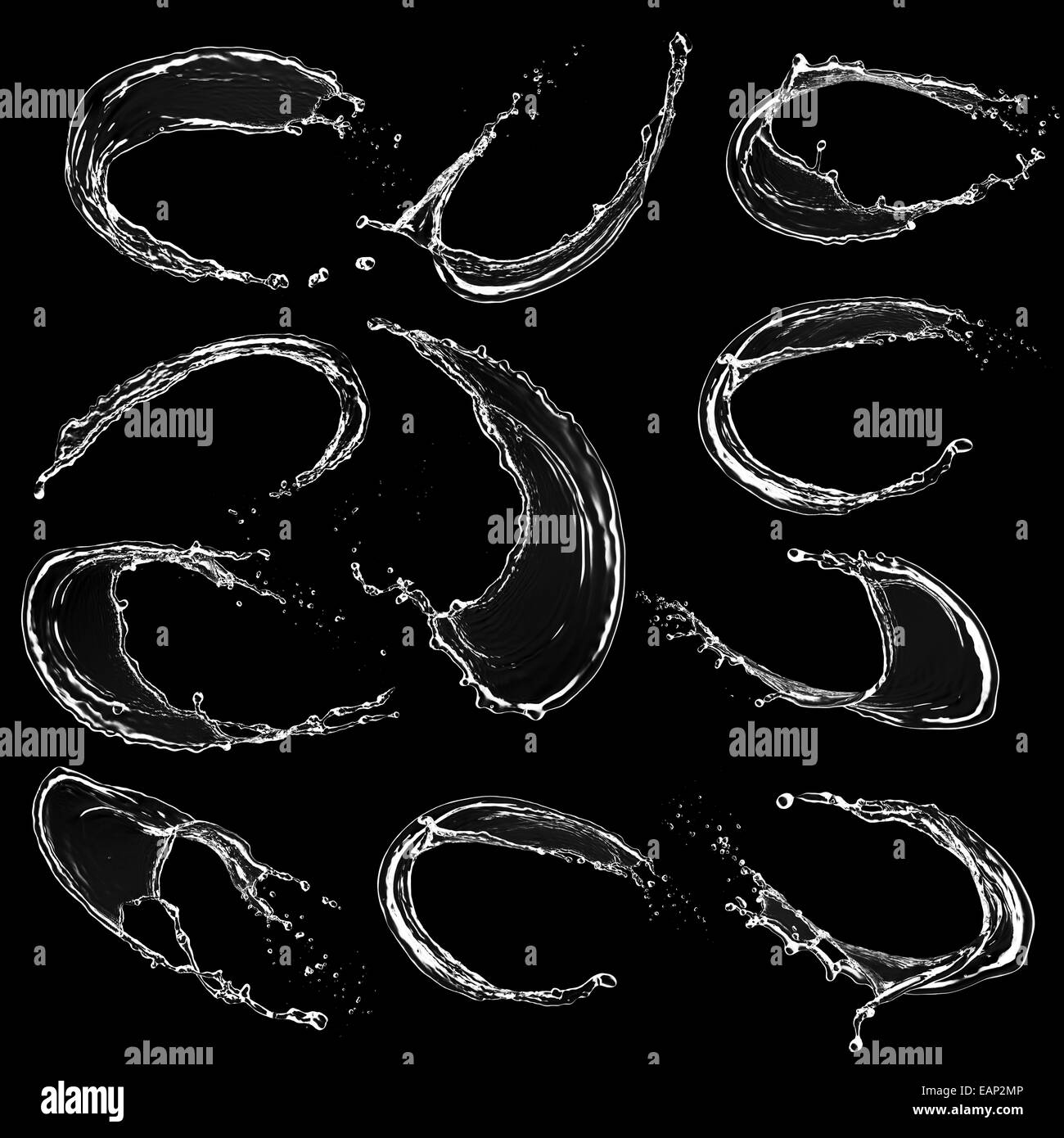 Wasser spritzt Sammlung, auf schwarzem Hintergrund isoliert Stockfoto