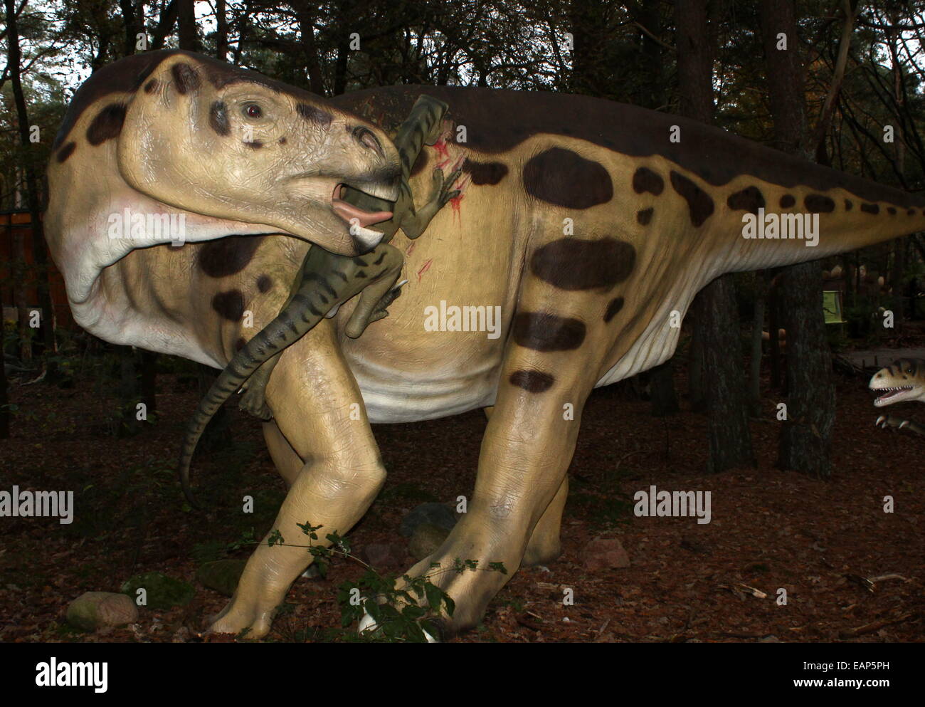 Räuberische Deinonychus Angriff auf ein Iguanodon (Kreidezeit Ära) lebensecht Dino Statuen im Dinopark Amersfoort Zoo, Niederlande Stockfoto