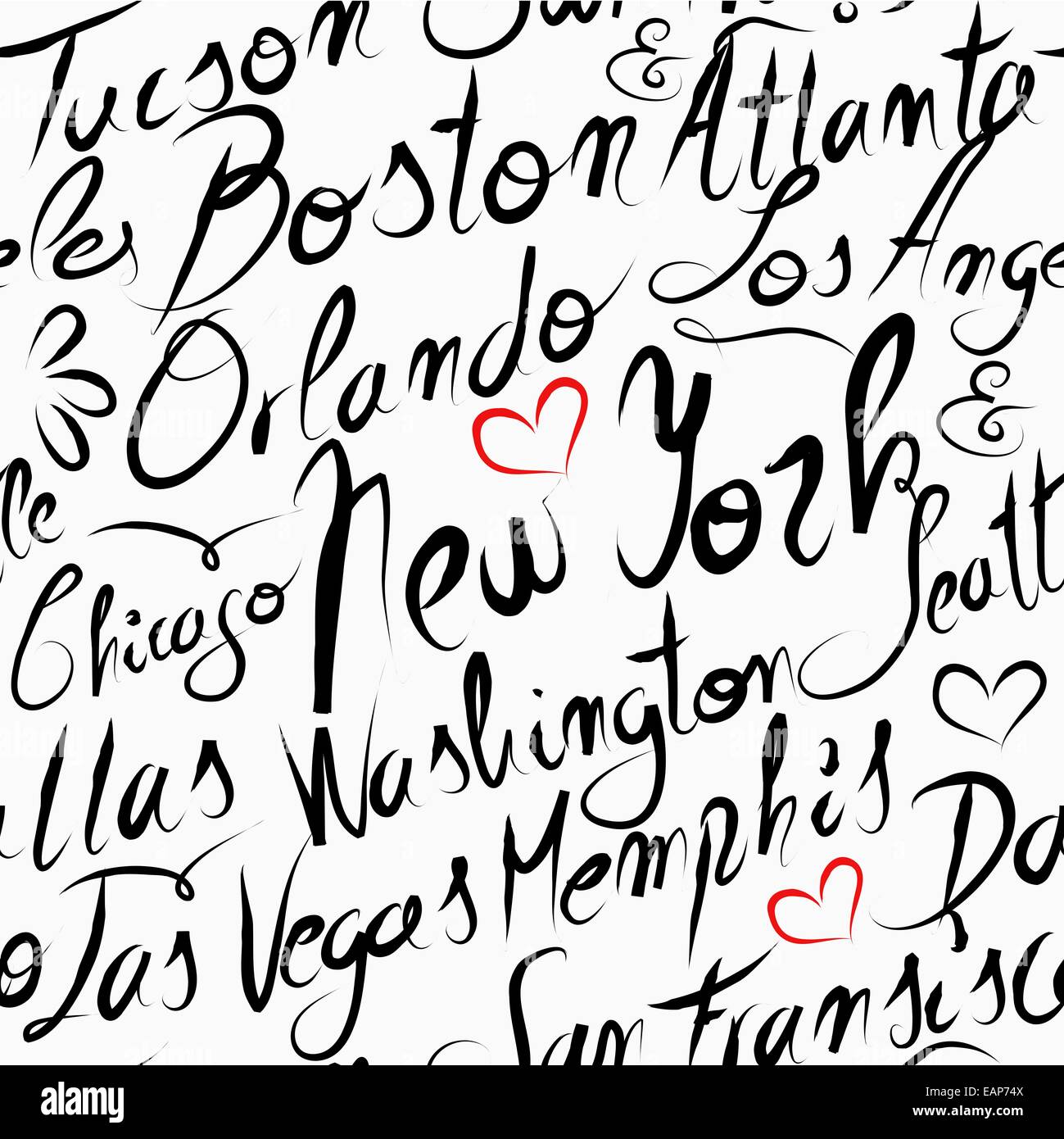 Reisen Sie USA berühmte Städte mit handgefertigten Kalligraphie. New York City, Washington, Boston, Chicago. Nahtlose Muster backg Stockfoto