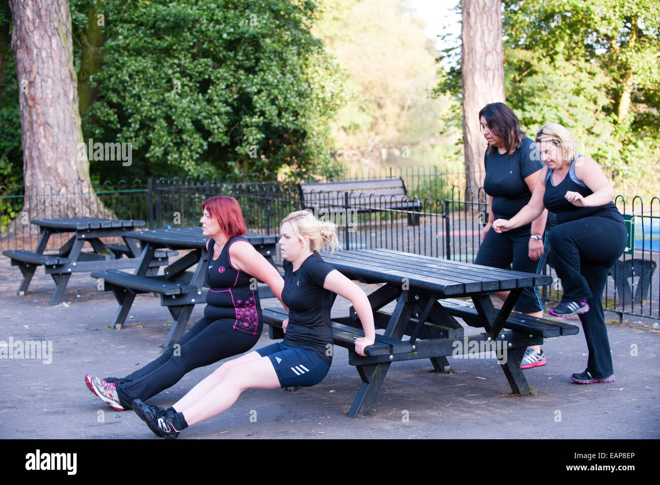 Vier übergewichtige Frauen auf einem Boot Camp Übungen auf einer Parkbank Picknick in der Morgensonne Stockfoto