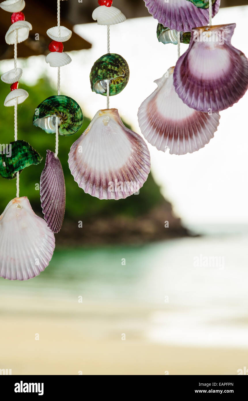 Muscheln, die hängenden Seil. Auf der Vorderseite am Strand Villa geschmückt. Stockfoto