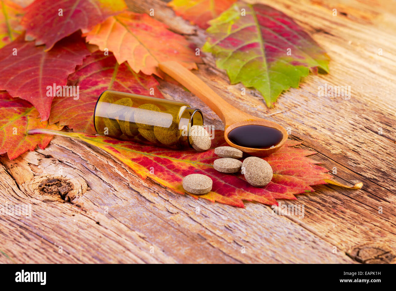 Medizin-Flasche, Pillen an Blatt und Sirup in Holzlöffel auf hölzernen Hintergrund Stockfoto