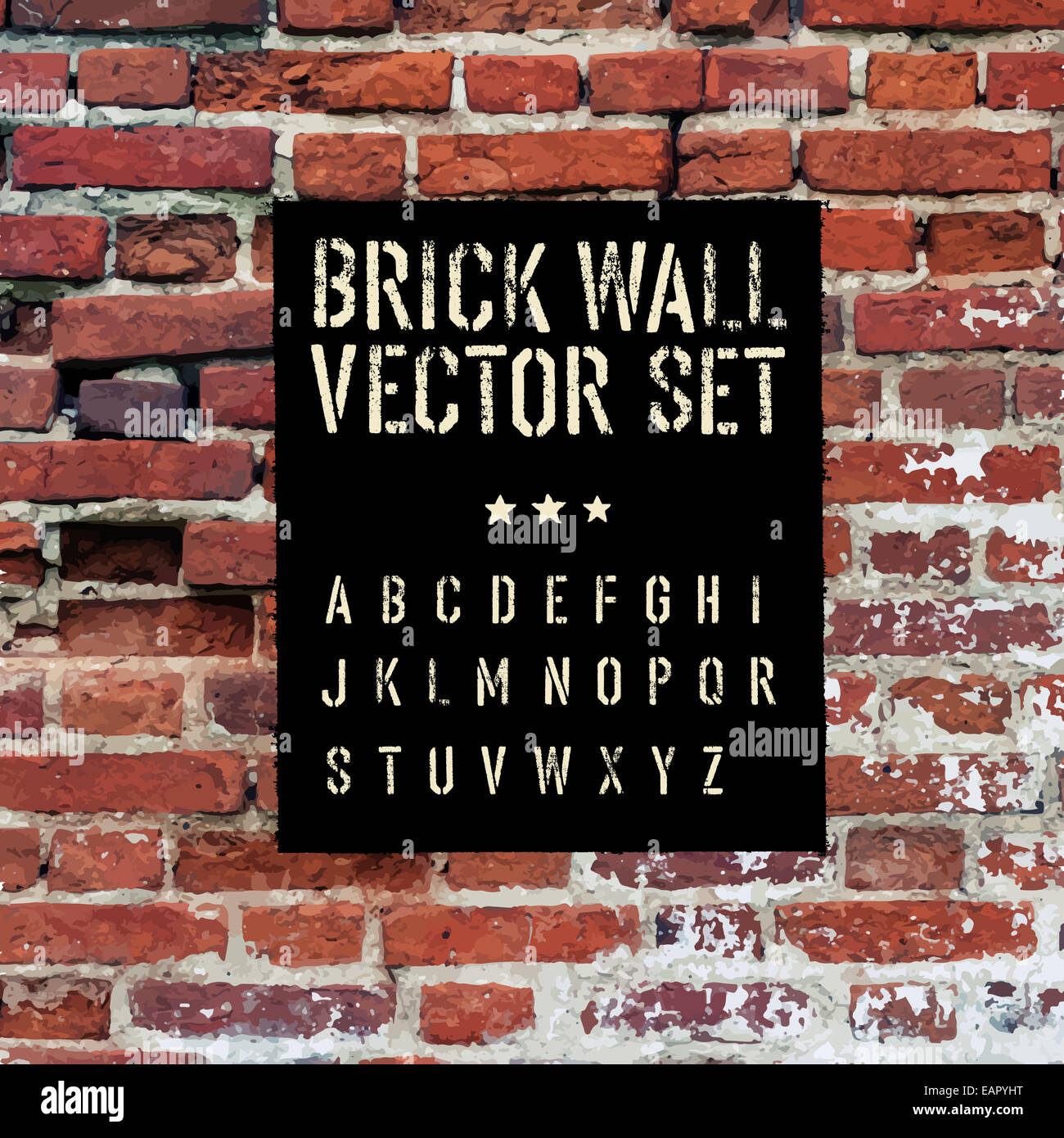 Backstein verfolgt Textur, Schablone Alphabet und Grunge-Rechteck. Drei auf einen Streich.  Vektor-set Stockfoto