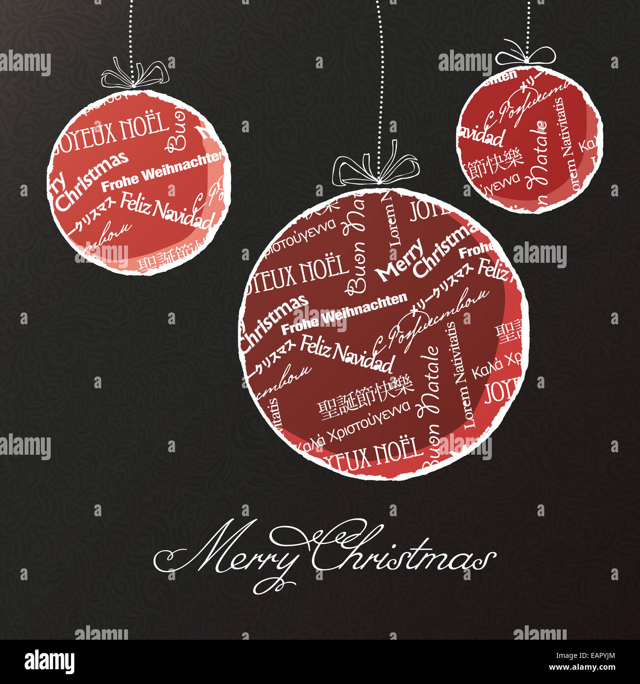 Weihnachtskugeln mit mehrsprachige Grüße Muster. Vektor Stockfoto