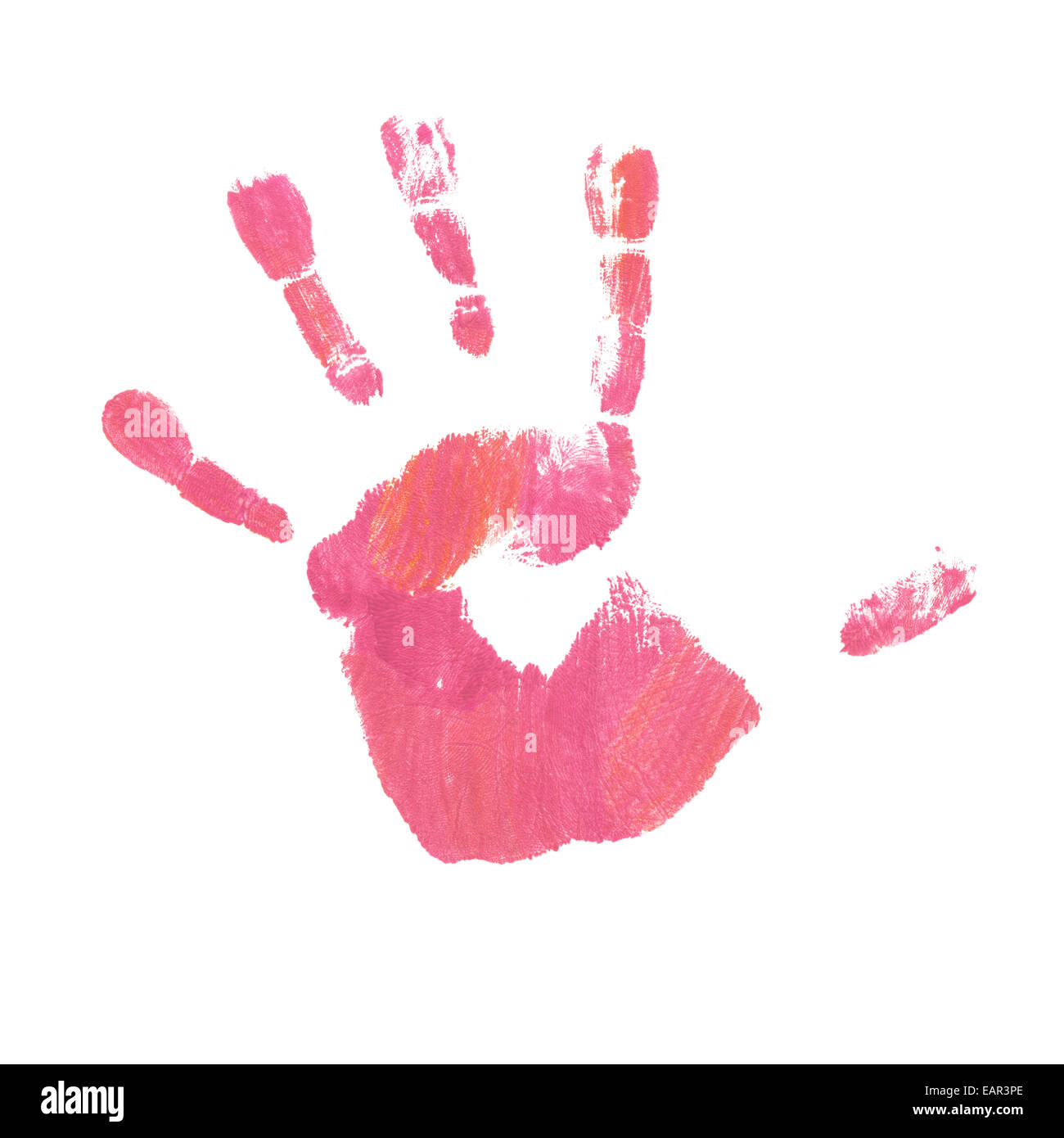 Nahaufnahme von rosa Handabdruck Kind 4 + Jahre, isoliert. Stockfoto