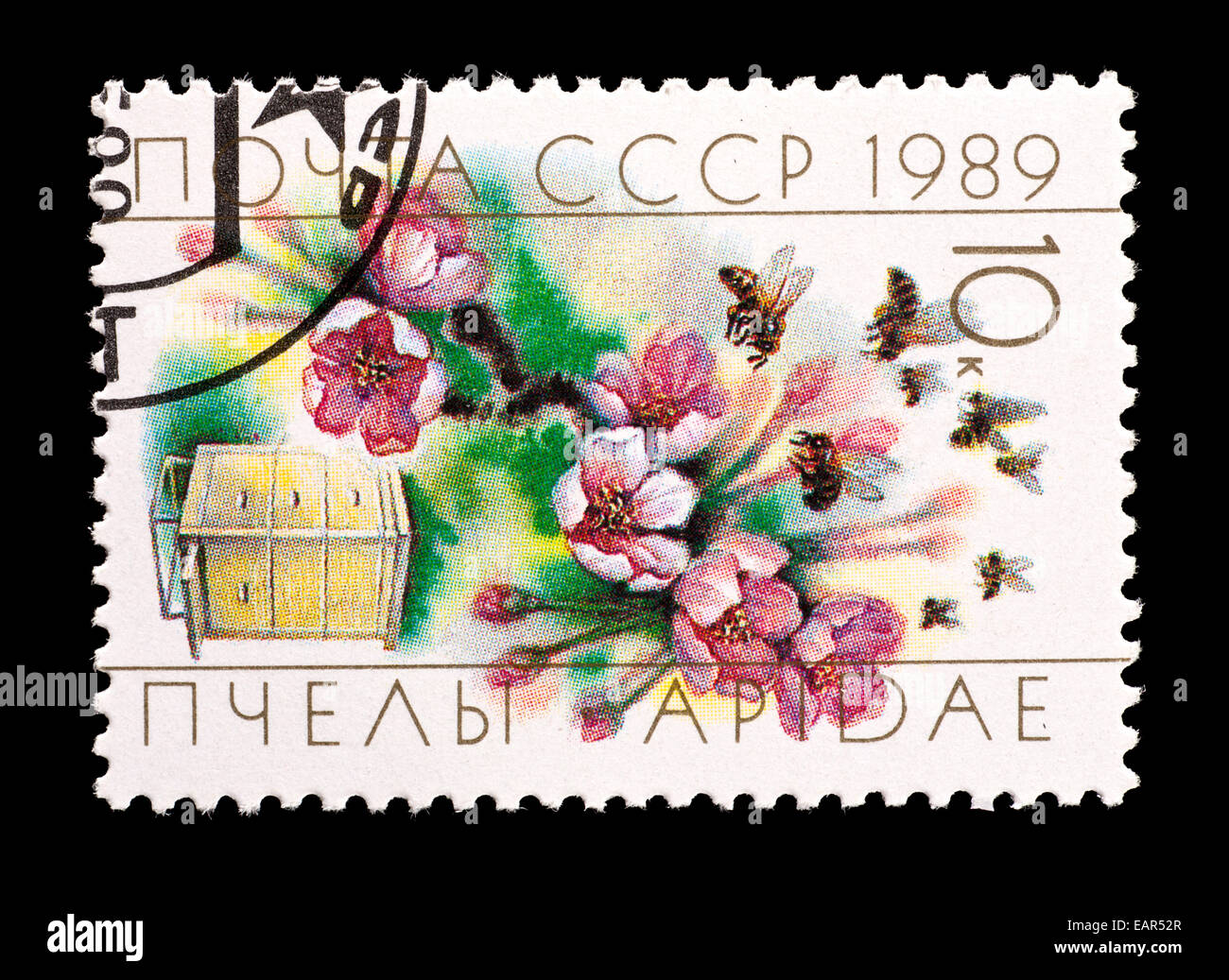 Briefmarke aus der Sowjetunion Darstellung Arbeiter-Bienen, Blumen und einen künstlichen Bienenstock. Stockfoto