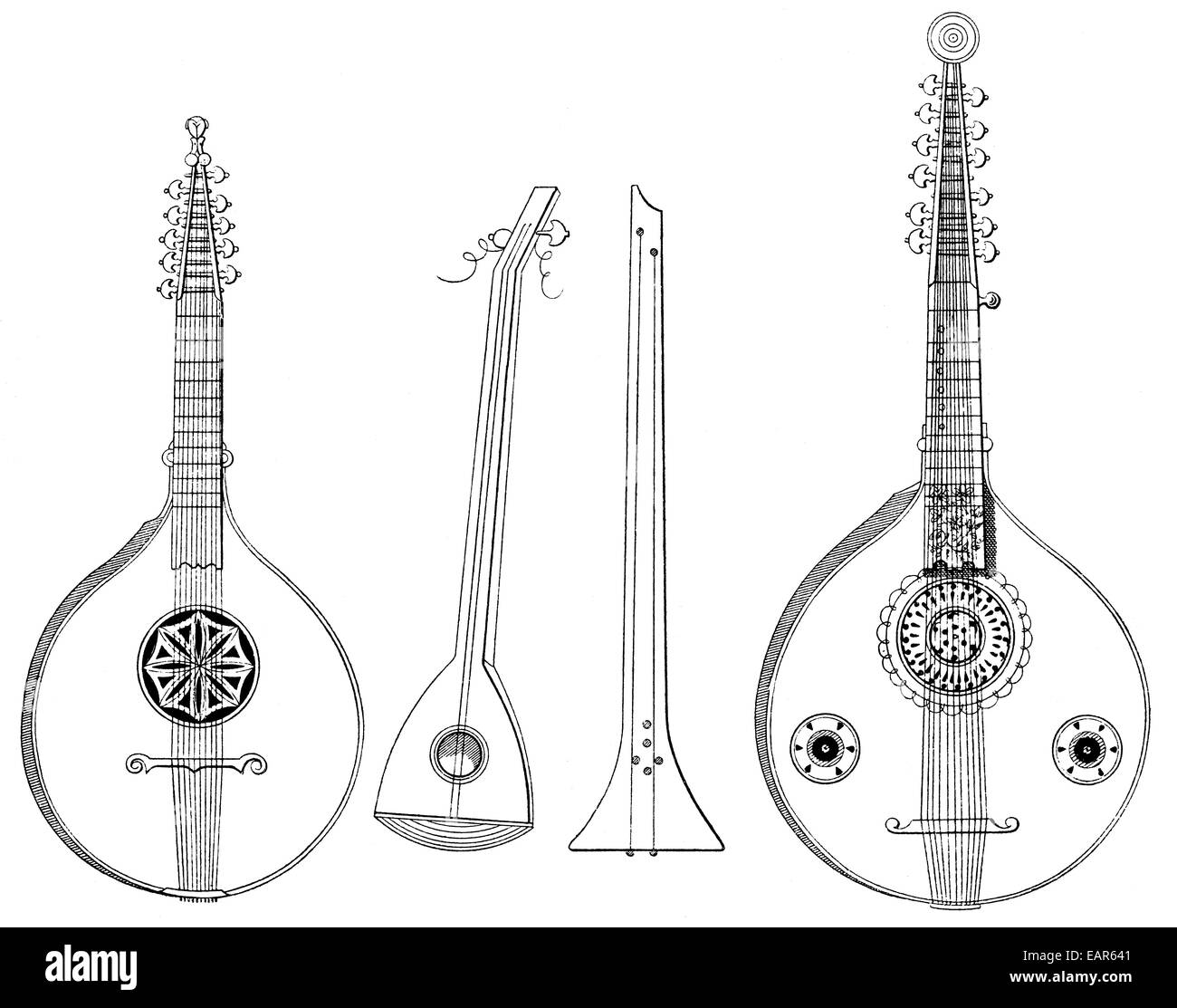 Musikinstrumente, italienische Zither von 1751, links, und einen Akkord Zither von 1720, Recht, Gegenspieler Musikinstrumente, links Stockfoto