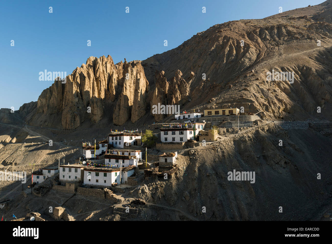 Dankhar Dorf im Morgen Licht, Spiti Tal, Dankhar, Himachal Pradesh, Indien Stockfoto