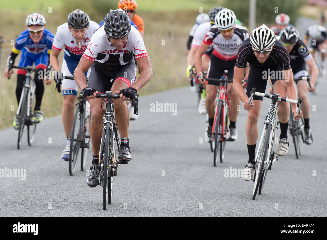 Radprofis im Zyklus "Die Bergbau-Täler-Tour" für die Linie sprinten Rennen Ceredigion Wales UK August 2014 Stockfoto