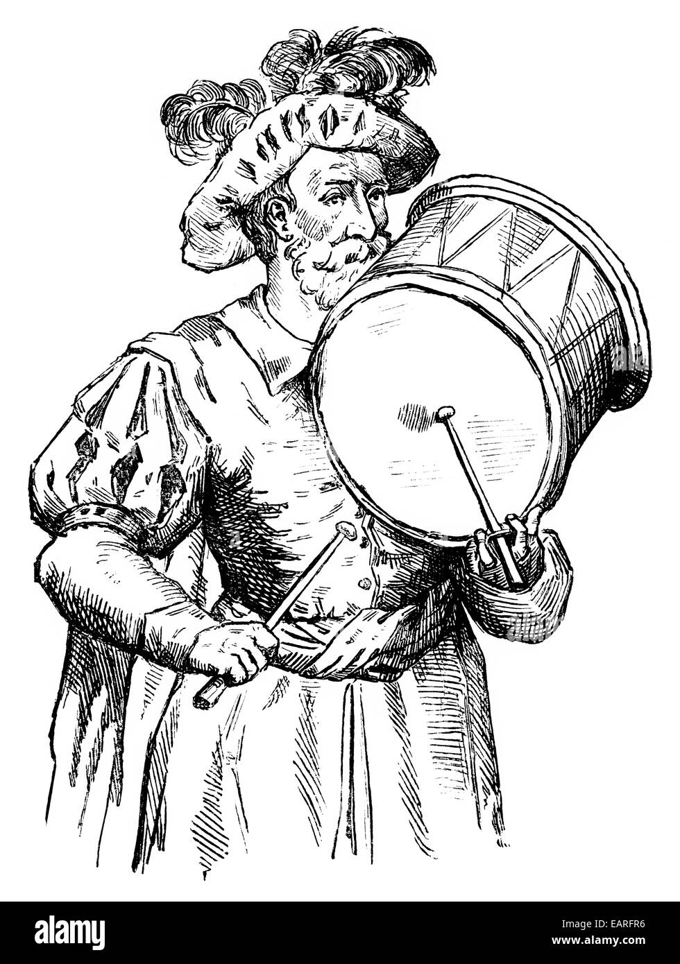 mittelalterliche Schlagzeuger, hält die Beinchen in der üblichen Weise, Trommler aus Dem Sprachgeschichte Mit Einer Speziellen Haltung der Schlä Stockfoto