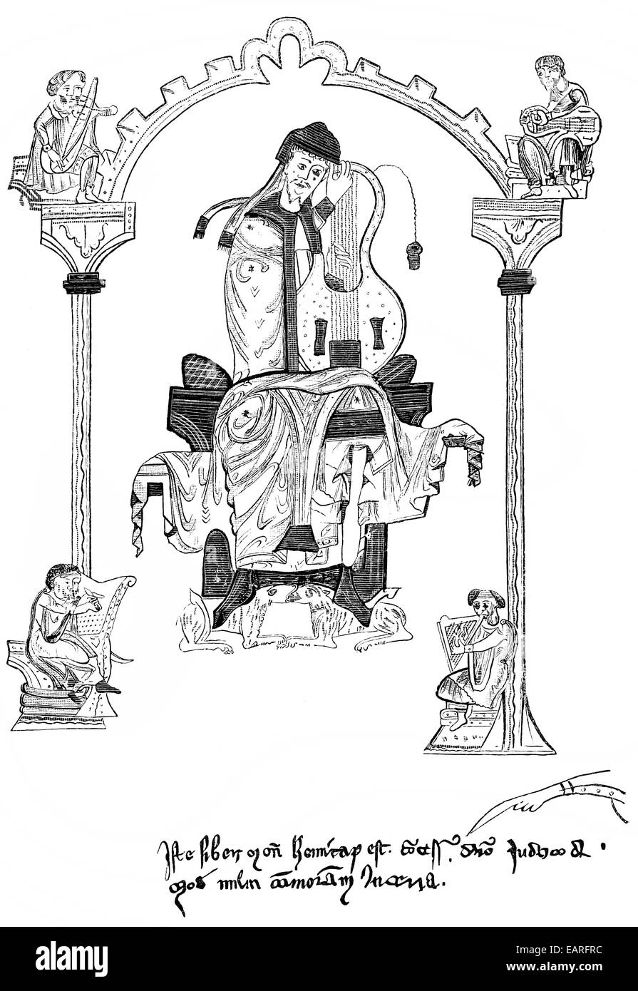 Illustration aus dem Buch der Psalmen, König David spielt die Cythara Zeit, eine Lyra, Abbildung aus Dem Psalmenbuch von Notker Stockfoto