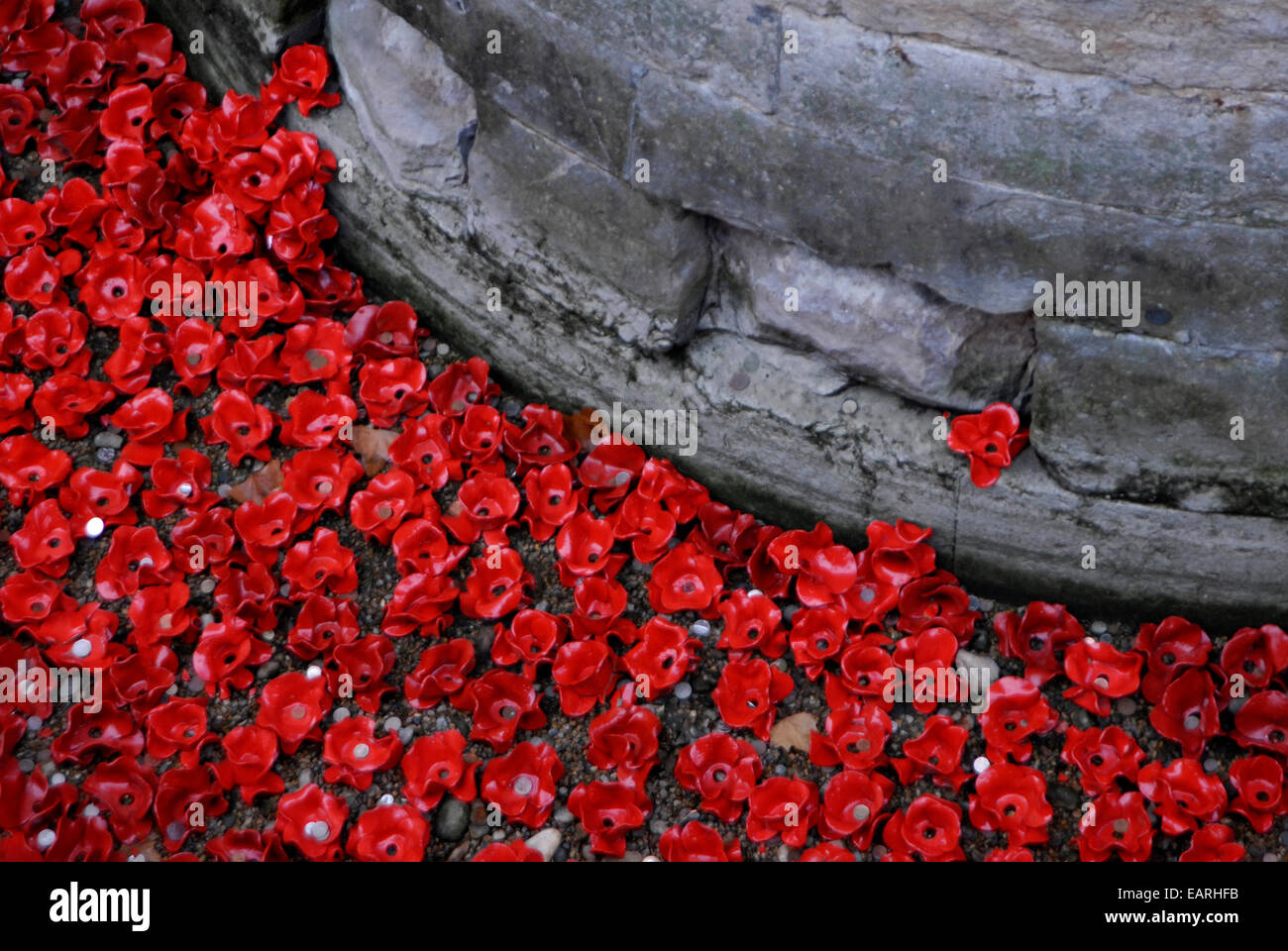 Einige der 888.246 Keramik Mohnblumen aus dem Graben an der Tower of London-Kunst-Installation. Stockfoto