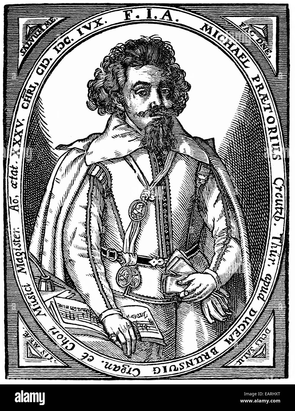 Michael Praetorius oder Schultheiss, 1571-1621, deutscher Komponist, Organist, Kapellmeister, Gelehrter in den Übergang Periode f vor Gericht Stockfoto