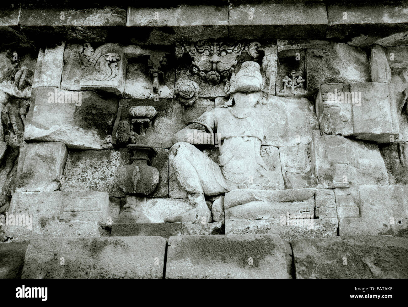Reise Fotografie - Buddhistische Tempel Borobudur in Java in Indonesien in Südostasien im Fernen Osten. Buddhismus Geschichte Kunst schnitzen Relief Stockfoto