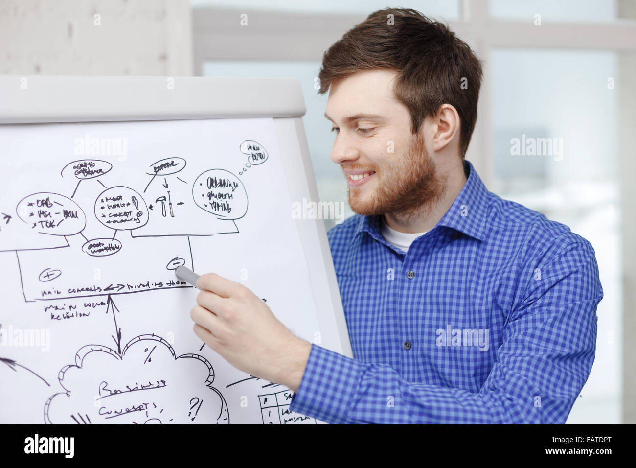 junger Geschäftsmann unter Hinweis auf flip-Vorstand im Amt Stockfoto
