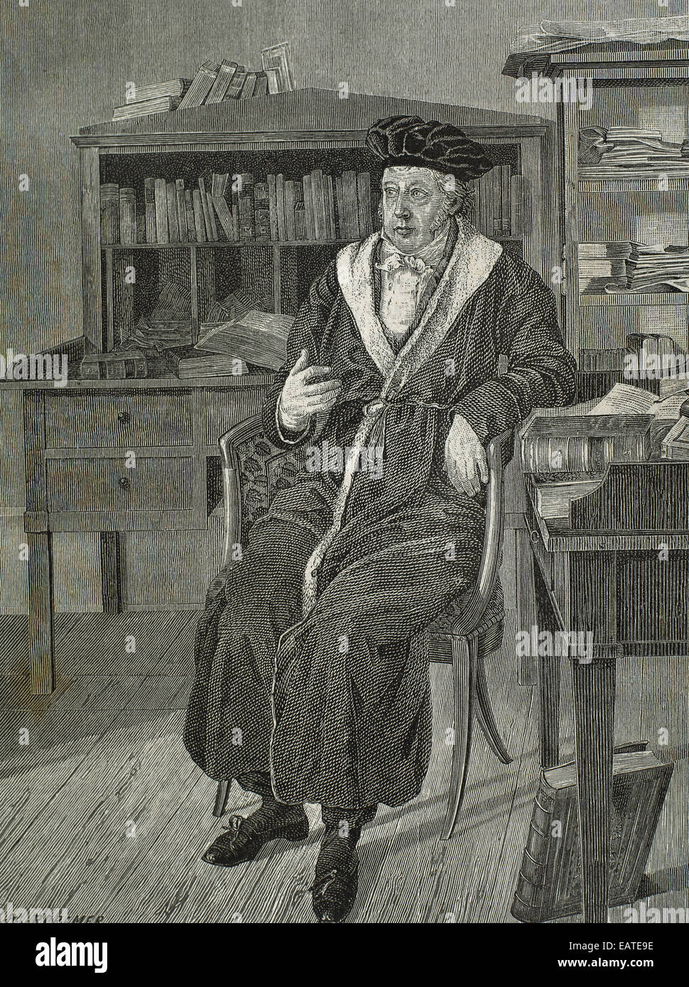 Georg Wilhelm Friedrich Hegel (1770-1831). Deutscher Philosoph. Hegel in seinem Arbeitszimmer. Porträt. Kupferstich von R. Cremer. Stockfoto