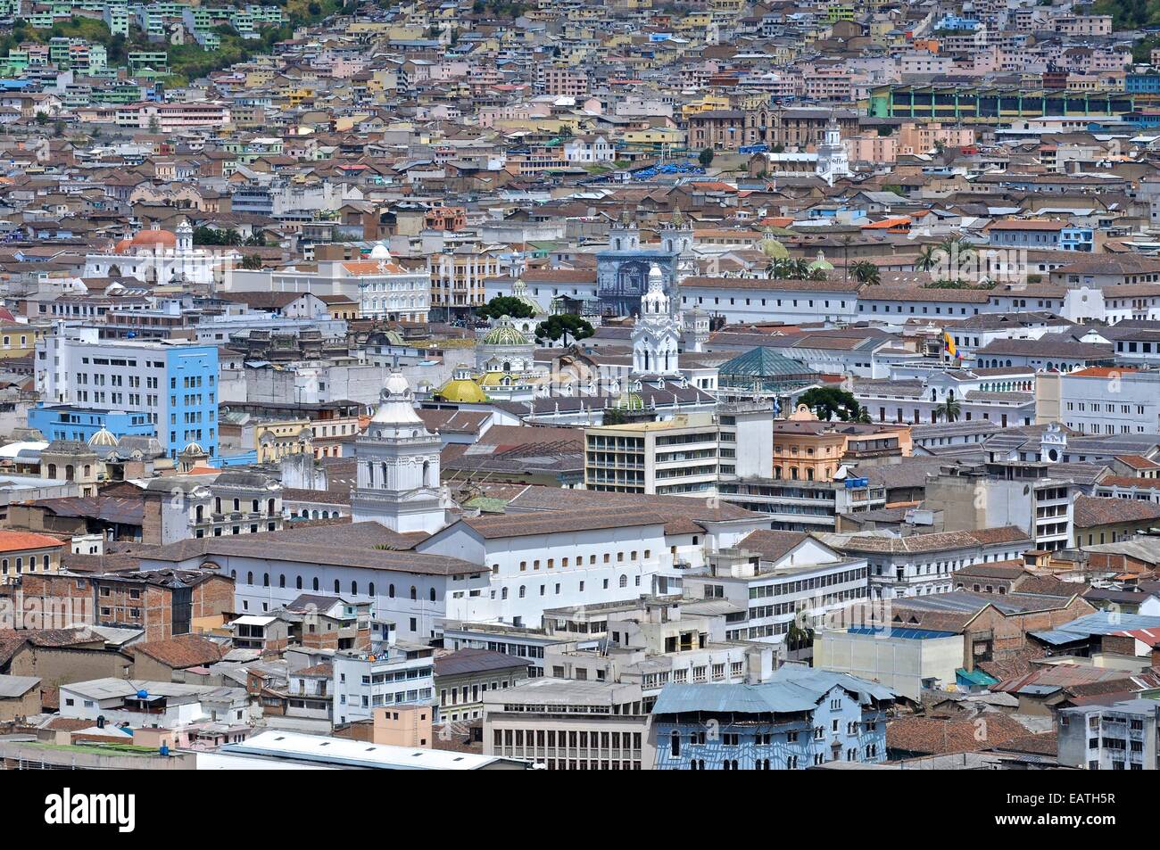 Ein Blick auf die Altstadt Quitos, ein UNESCO-Weltkulturerbe. Stockfoto