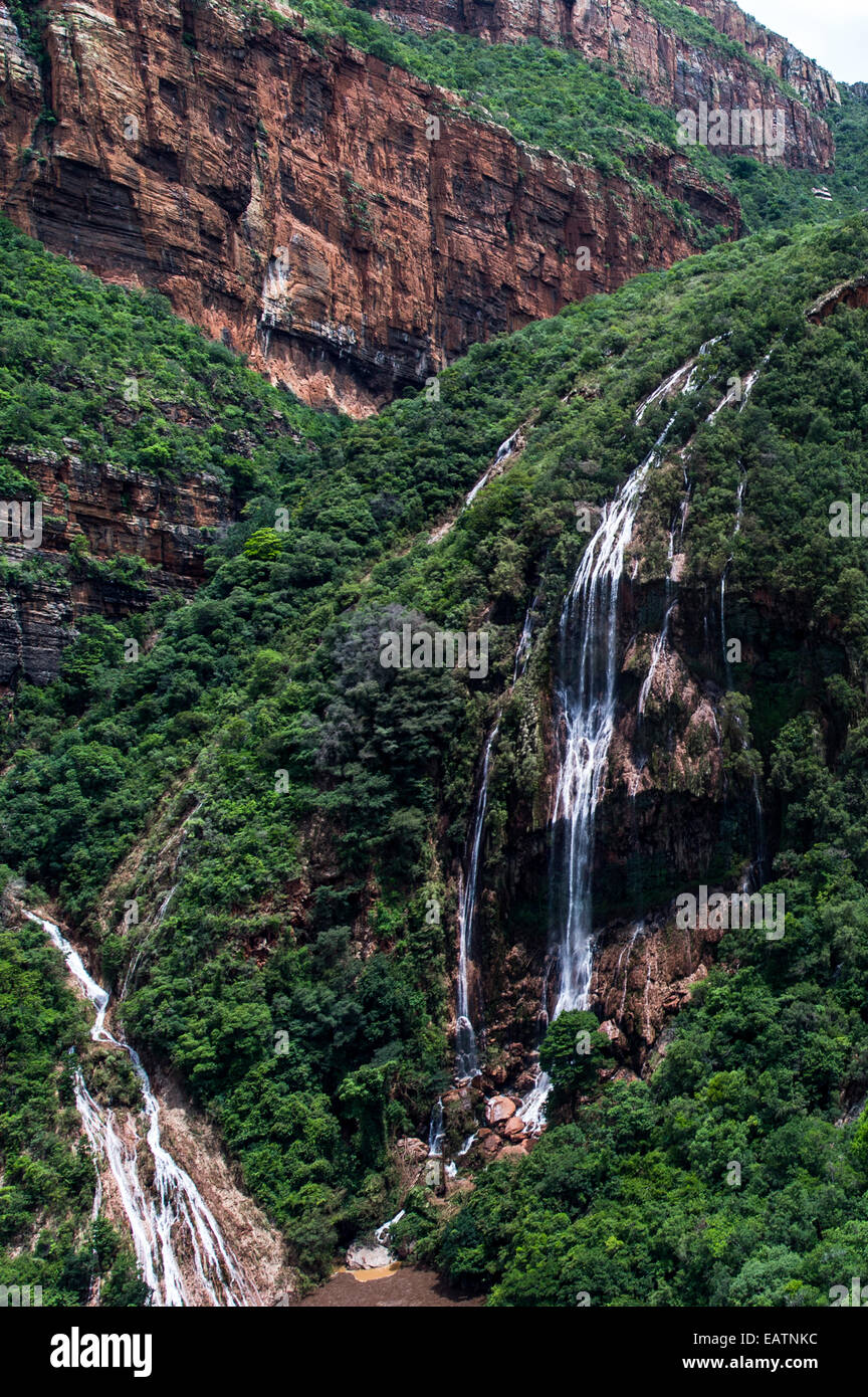 Wasserfälle stürzen über einen bewaldeten Klippe Gesicht nach sintflutartigen Regen. Stockfoto