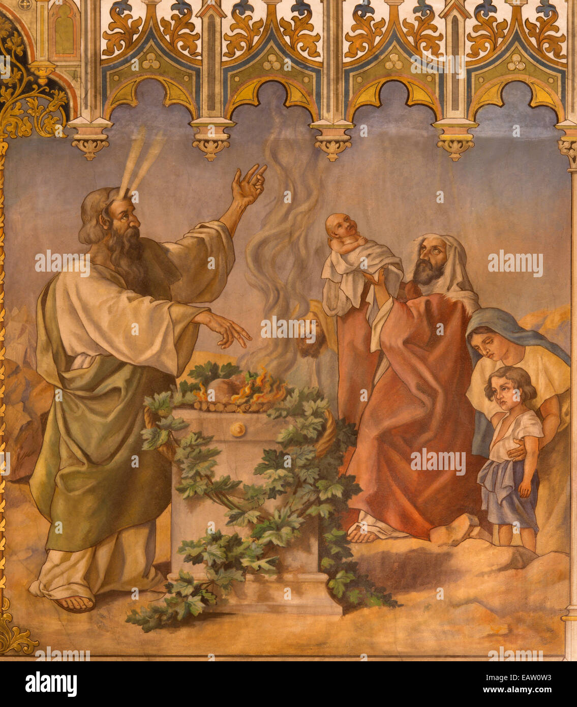 Trnava - Neo-gotischen Fresken der Szene als Moses an des Herrn Passah und Angebot des Erstgeborenen im St.-Nikolaus-Kirche. Stockfoto