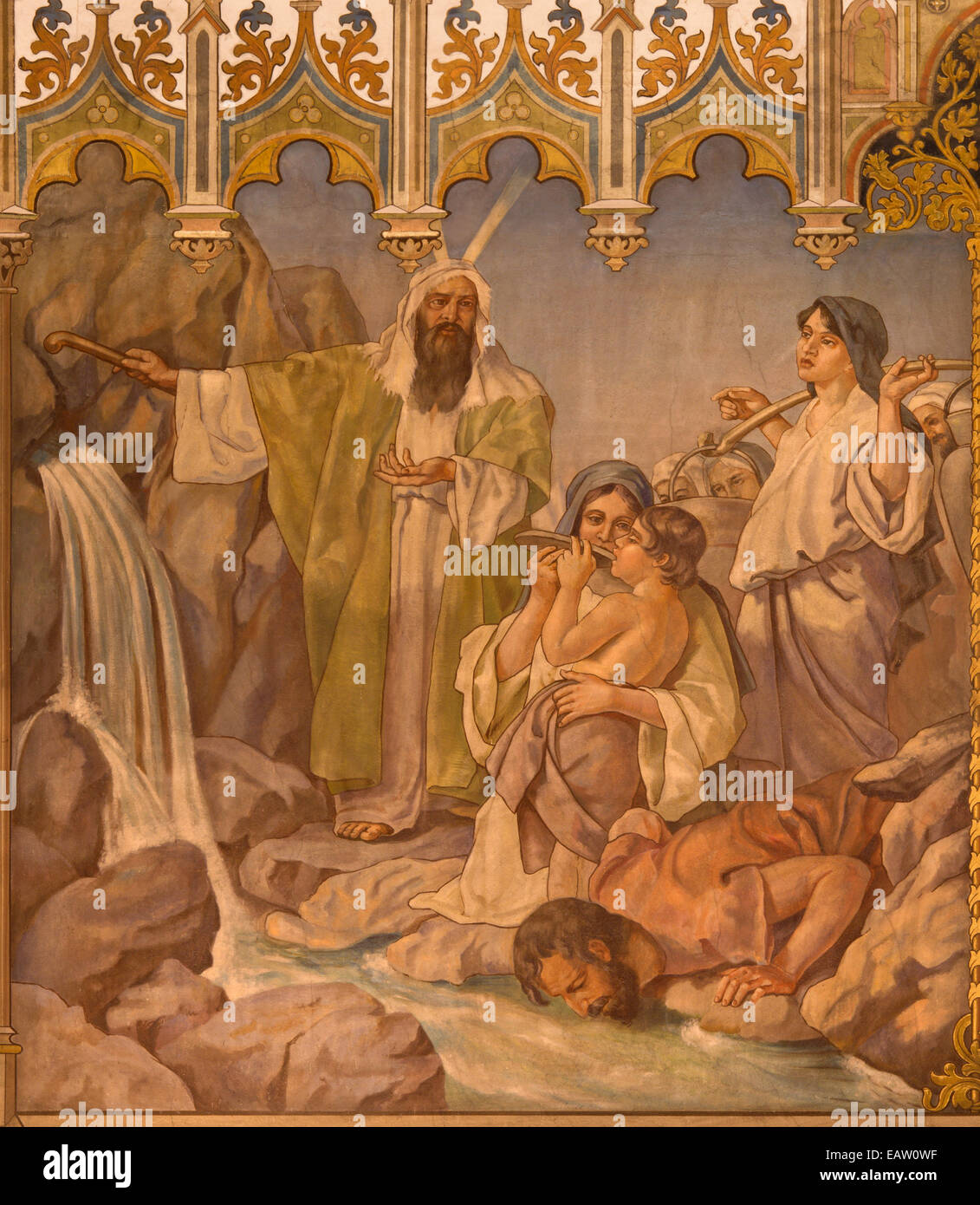 Trnava - Neo-gotischen Freskos der Fhe-Szene als Moses wird Wasser aus dem Felsen von Leopold Bruckner in St. Nikolauskirche. Stockfoto