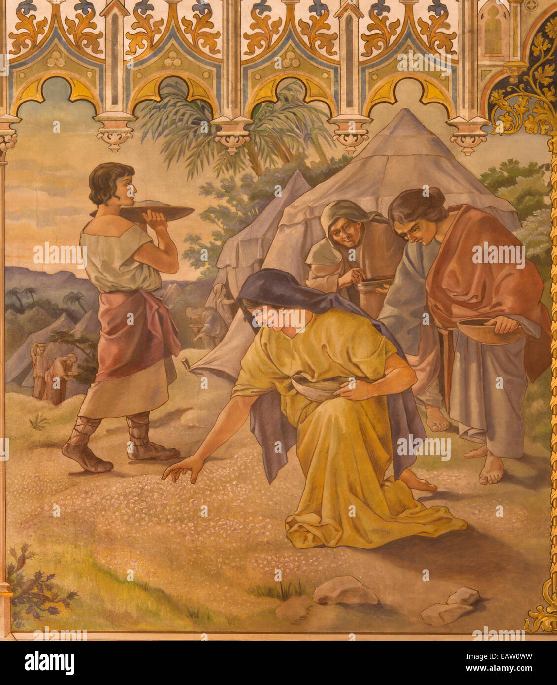 Trnava - Neo-gotischen Fresken der Szene als Israeliten bei Treffen von Manna von Leopold Bruckner in St. Nikolaus-Kirche. Stockfoto