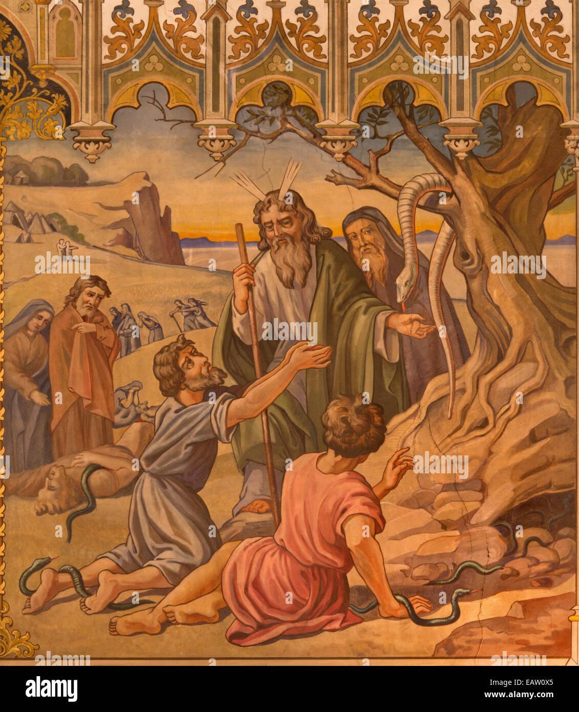 Trnava - Neo-gotischen Fresken der Fhe Szene wie Mose eine eherne Schlange von Leopold Bruckner (1905-1906) in Sankt Nikolaus Kirche gemacht. Stockfoto