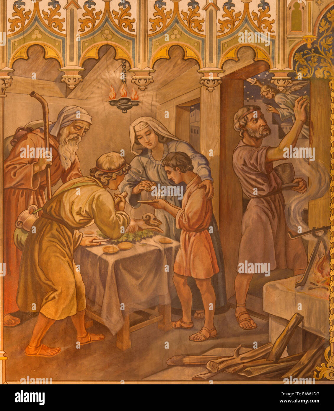 Trnava - Neo-gotischen Fresko der Fhe-Szene als Israeliten beim Abendmahl an des Herrn Passah Pessach in St. Nikolauskirche. Stockfoto