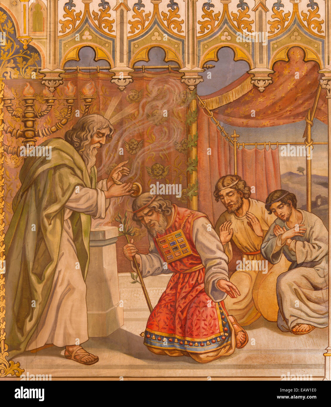 Trnava - Neo-gotischen Freskos der Fhe Szene Moses Benedicite von Aron von Leopold Bruckner (1905-1906) in der St. Nikolauskirche. Stockfoto